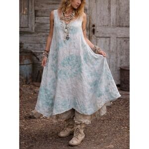 Italian Linen Women Sleeveless Maxi Dress One Size Tie Dye Boho Lagenlook